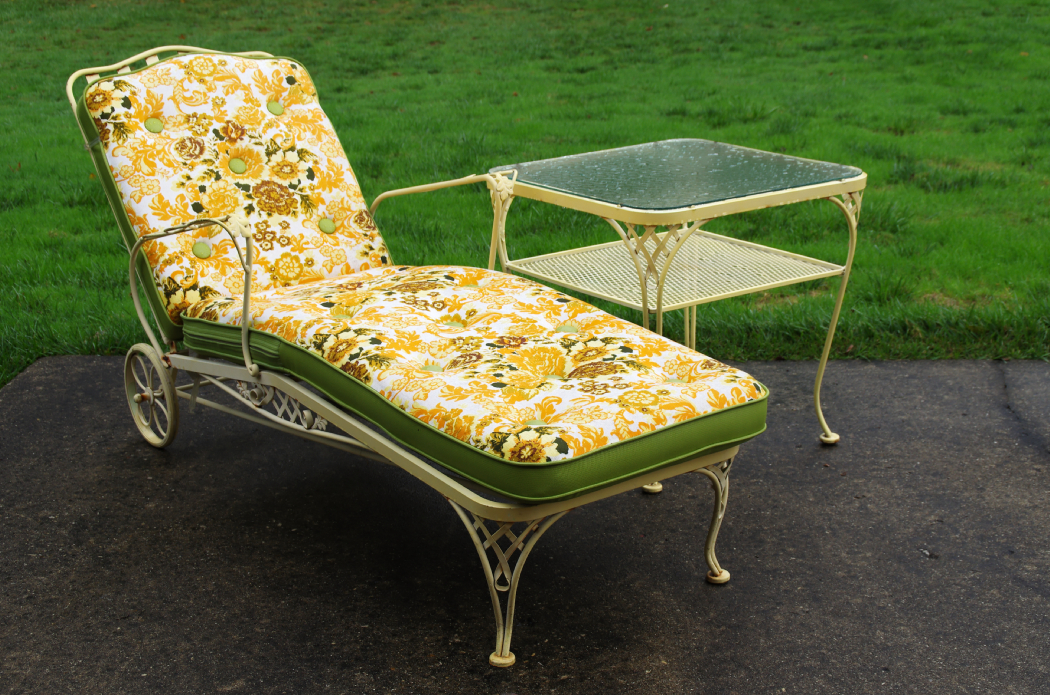 Vintage Wrought Iron Chaise Lounge with Cushion and Side Table EBTH