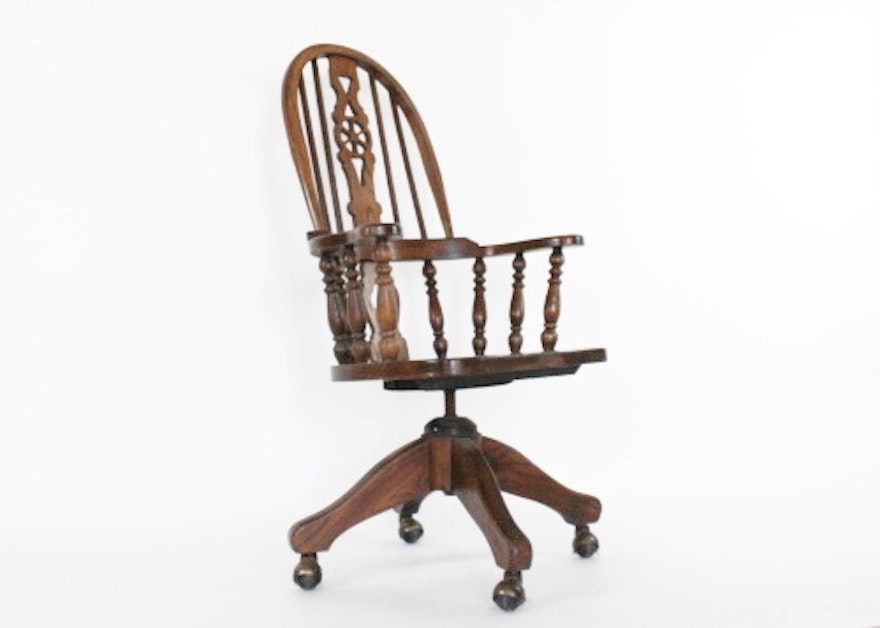 Oak High Back Windsor Style Rolling Office Chair Ebth