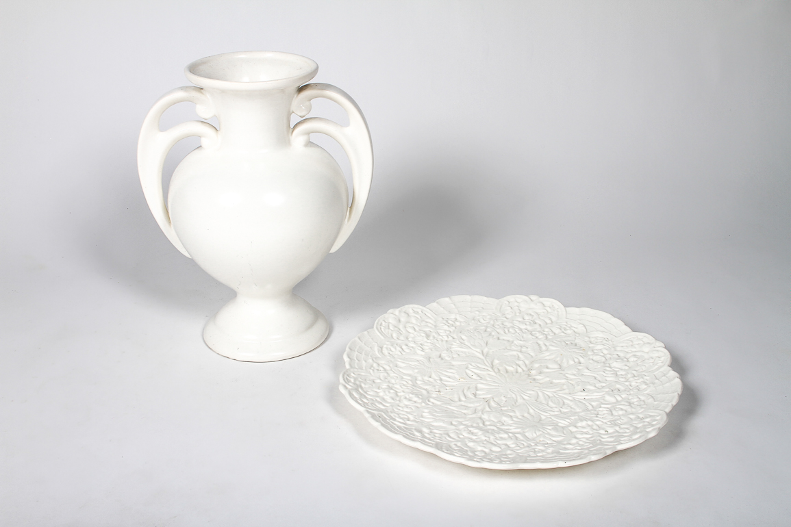 Off White Rumrill Ceramic Vase And Decorative Platter Ebth