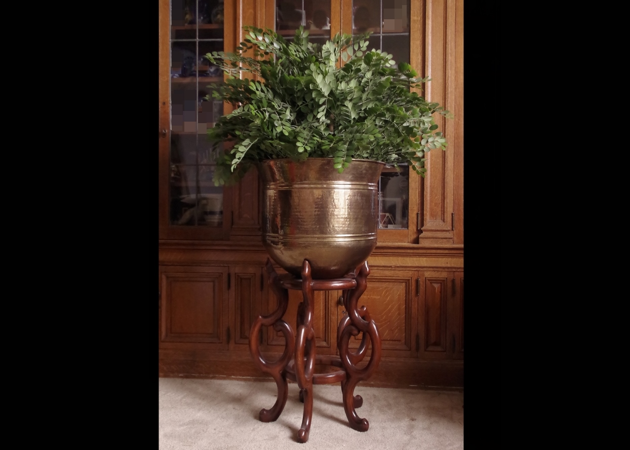 Large Faux Fern In Vintage Brass Planter With Tall Rosewood Stand Ebth