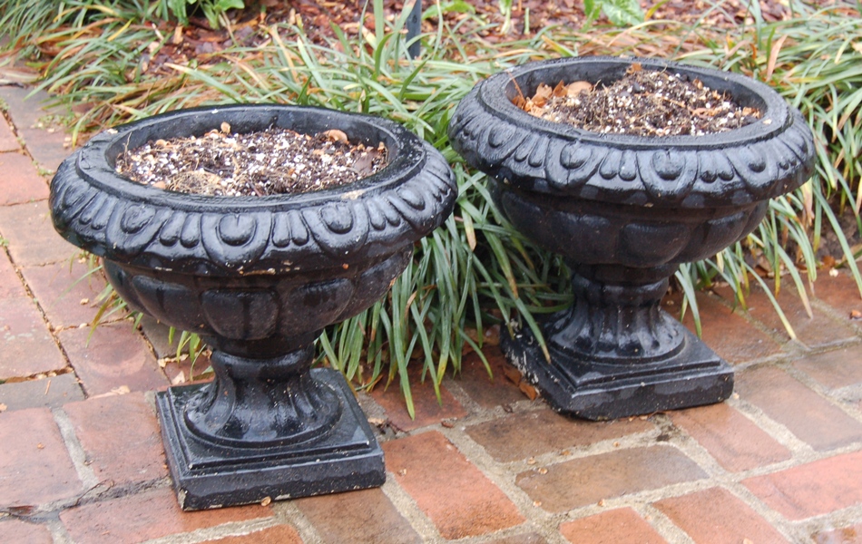 Pair Of Black Painted Concrete Planters Ebth