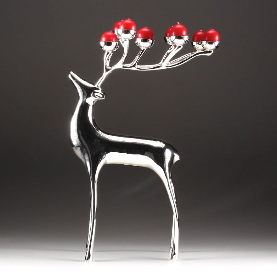 Pottery Barn Silver Plate Reindeer Candelabra With Red Candles Ebth