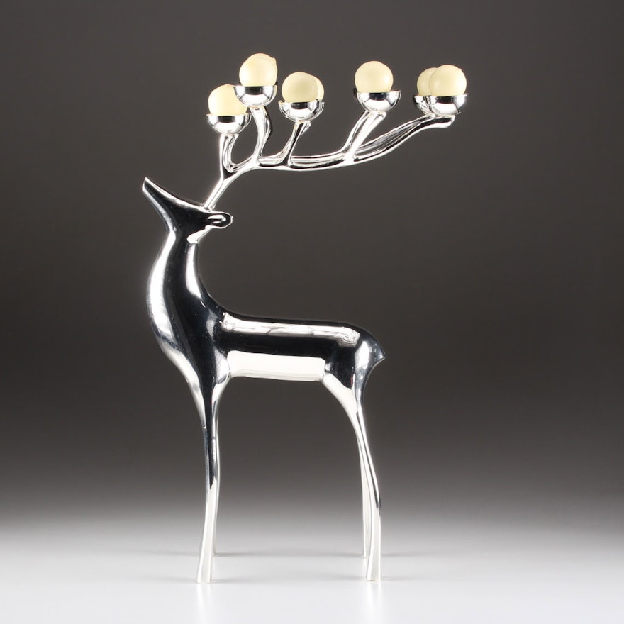 Pottery Barn Silver Plate Reindeer Candelabra With White Candles