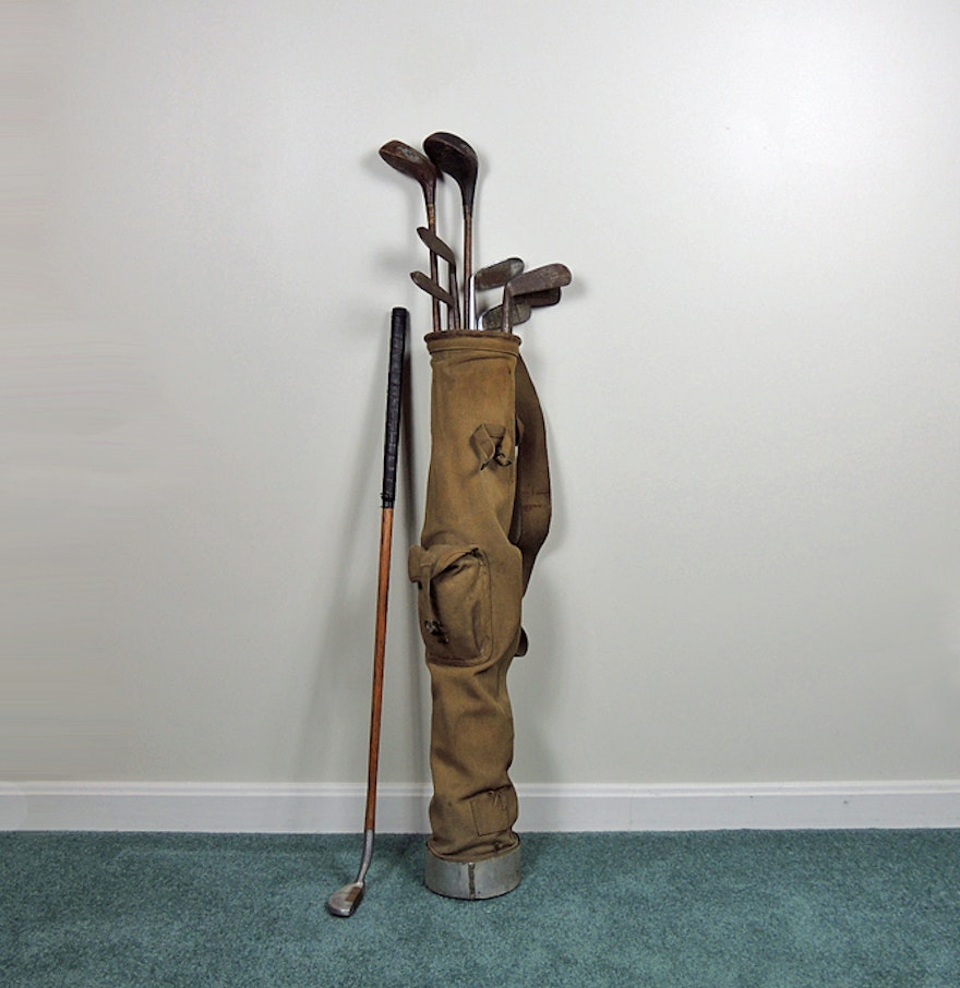 Antique Wooden Shaft Golf Clubs with 1920s English Stovepipe Bag : EBTH