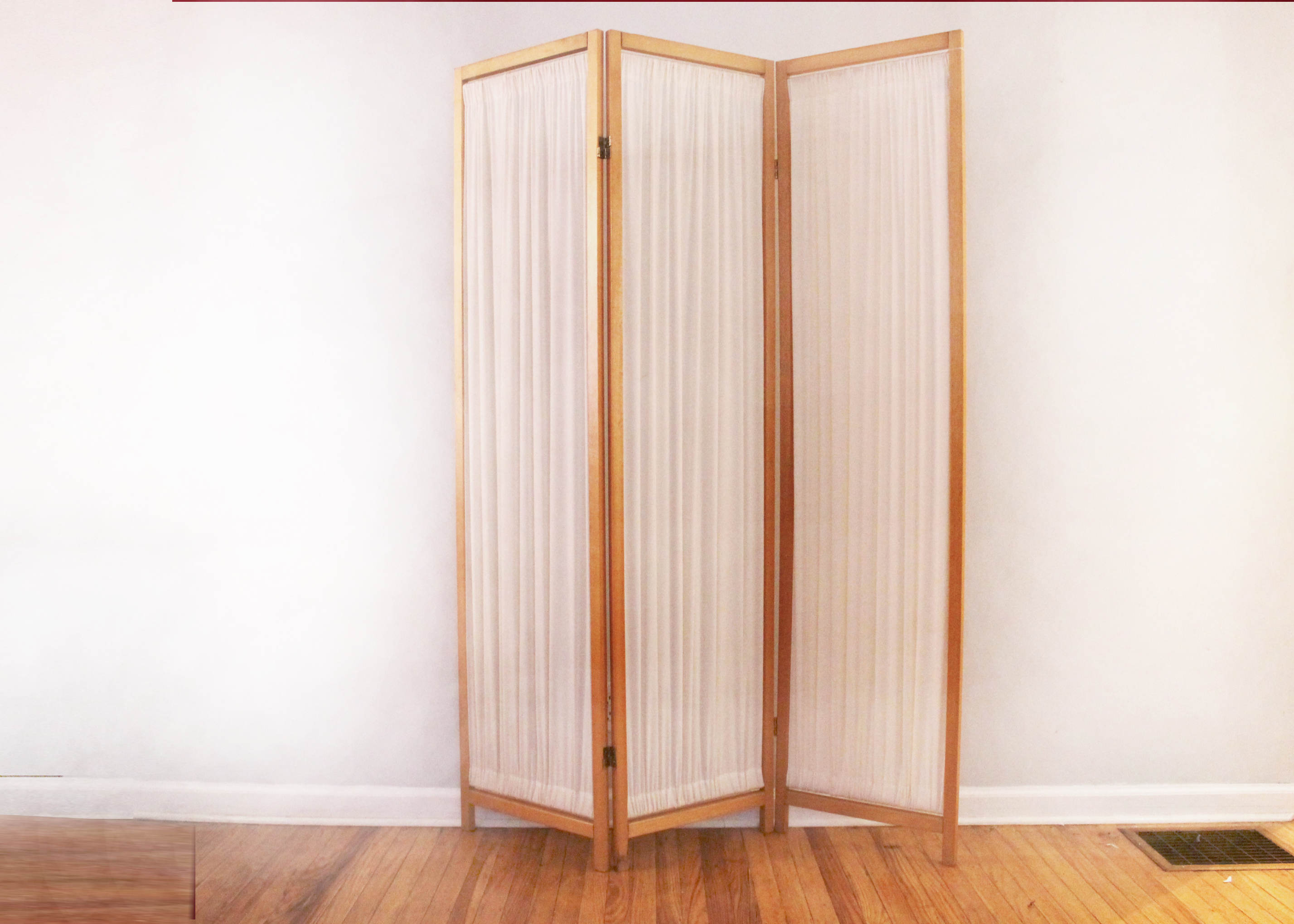 Folding Three Panel Wood And Fabric Room Divider Partition Screen