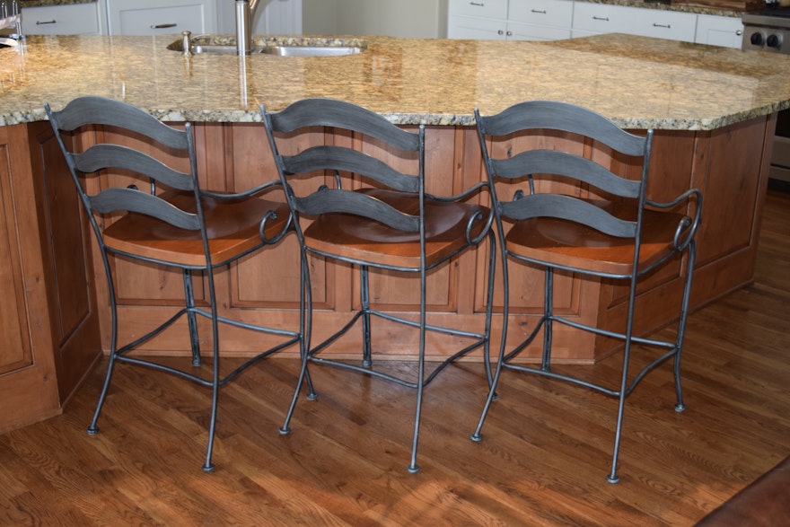 Three Ethan Allen Wrought Iron and Wood Counter Chairs : EBTH - Three Ethan Allen Wrought Iron and Wood Counter Chairs ...