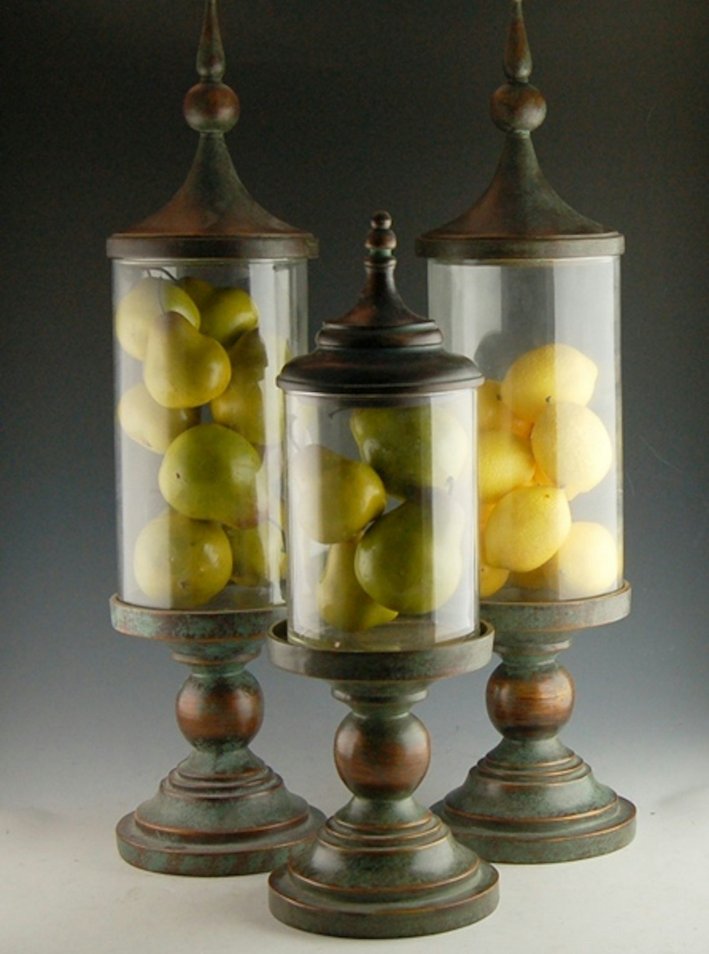 Three Glass Apothecary Jars with Metal Pedestal Base and ...