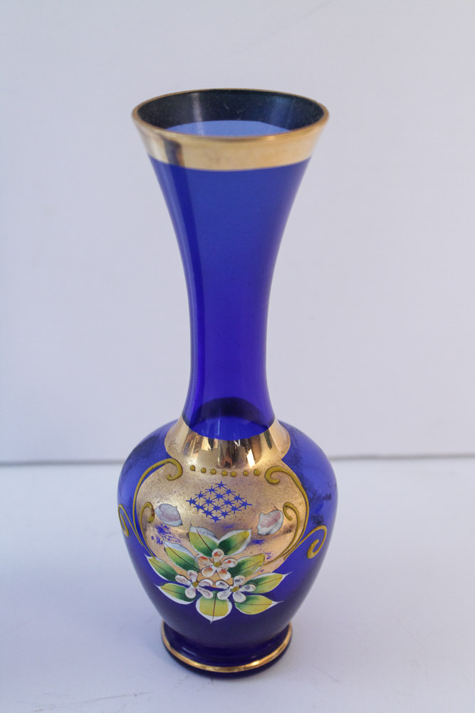 Pair of Cobalt Blue Enamel Gold Trim HandPainted Vases EBTH