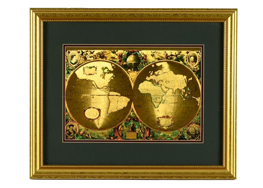 Framed Latin Gold Foil World Map : EBTH