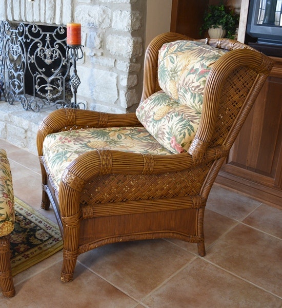 Indoor Natural Wicker Wing Chair and Ottoman by Lane Venture | EBTH