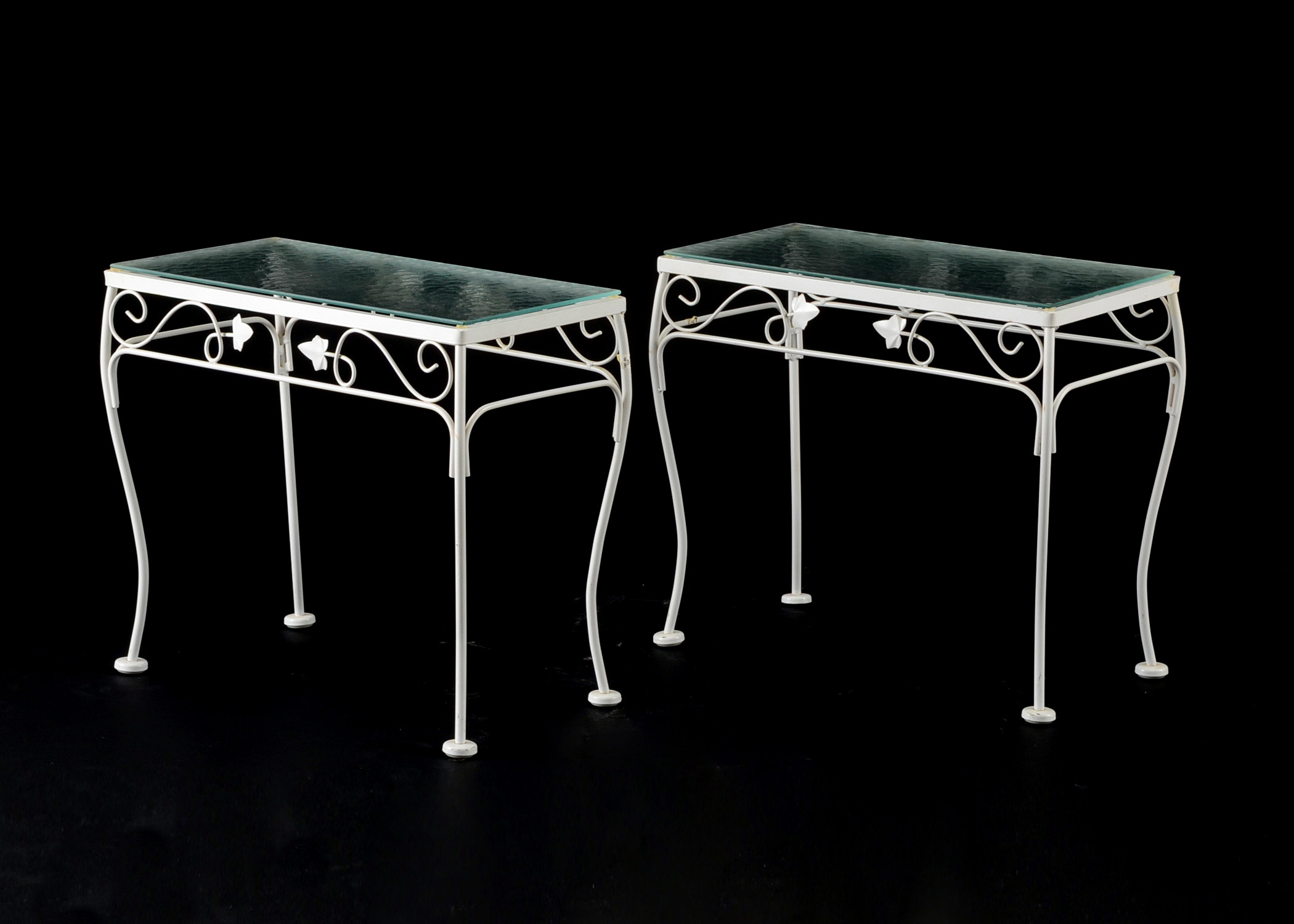 Pair White Wrought Iron Glass Top Patio Side Tables EBTH