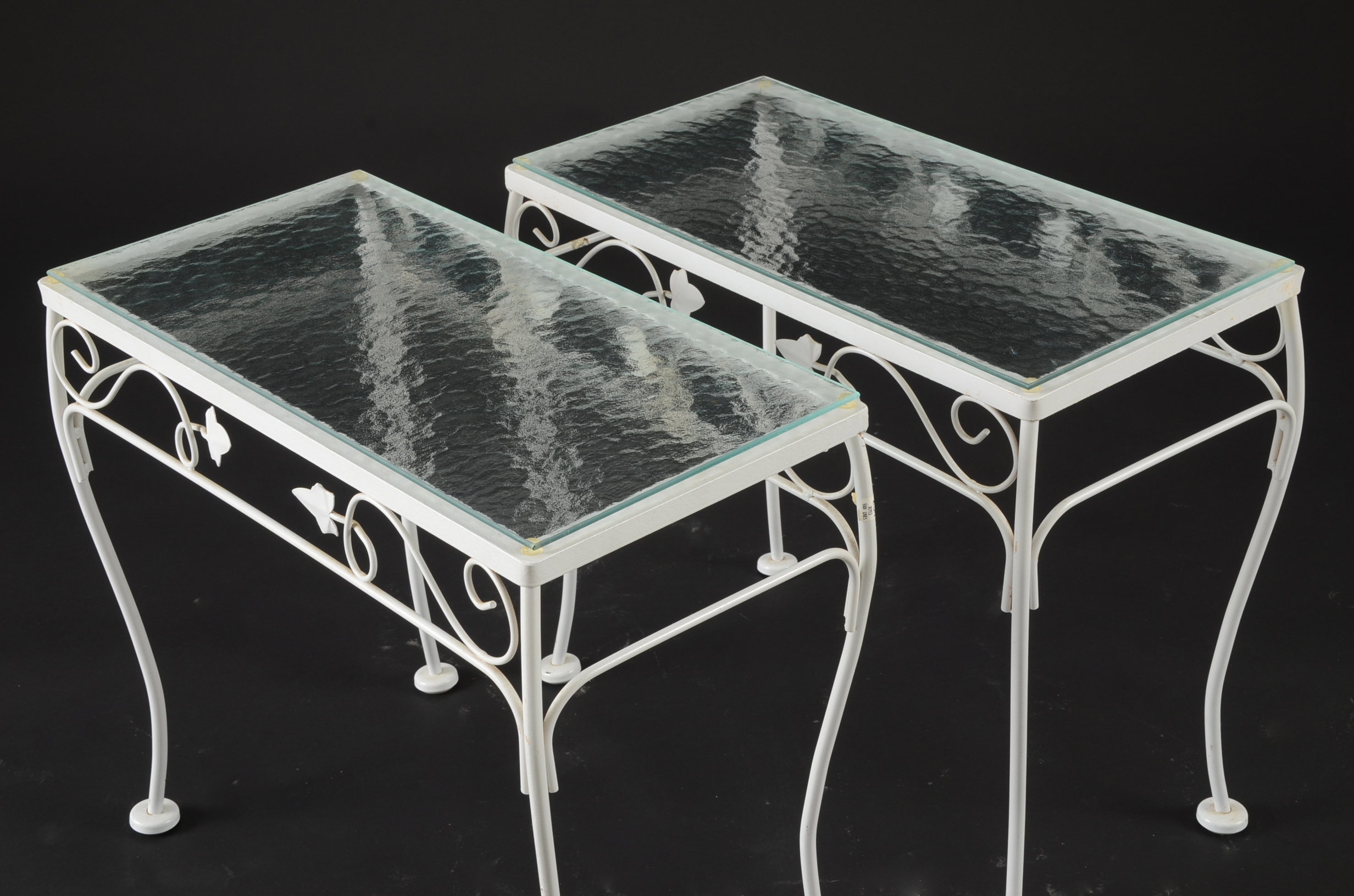 Pair White Wrought Iron Glass Top Patio Side Tables EBTH