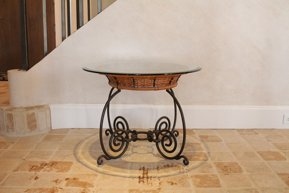 Vintage Iron Scroll and Wicker Glass Top Table EBTH