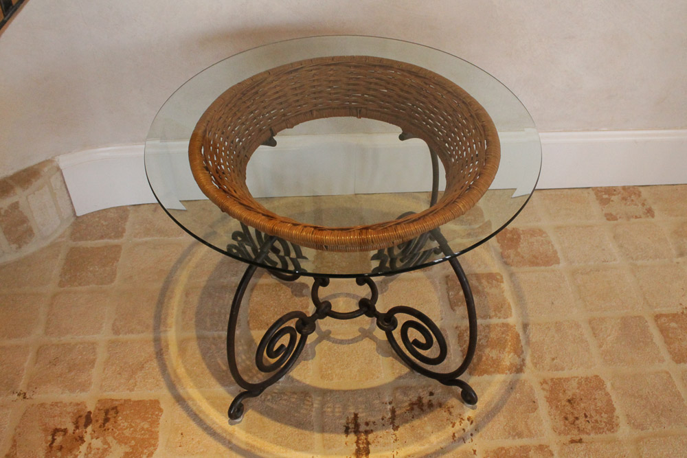 Vintage Iron Scroll and Wicker Glass Top Table EBTH