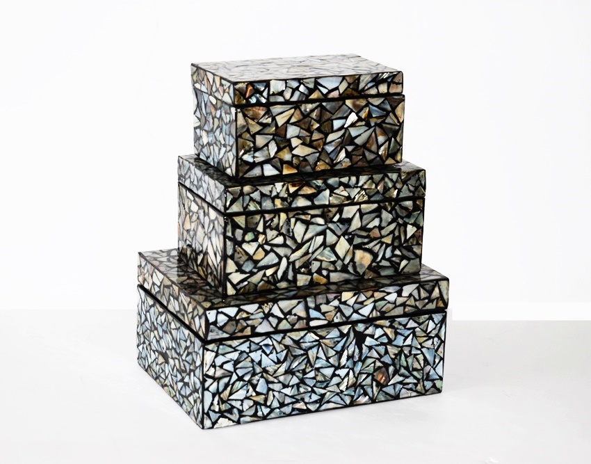 Three Decorative Black Lacquer And Mother Of Pearl Stacking Boxes