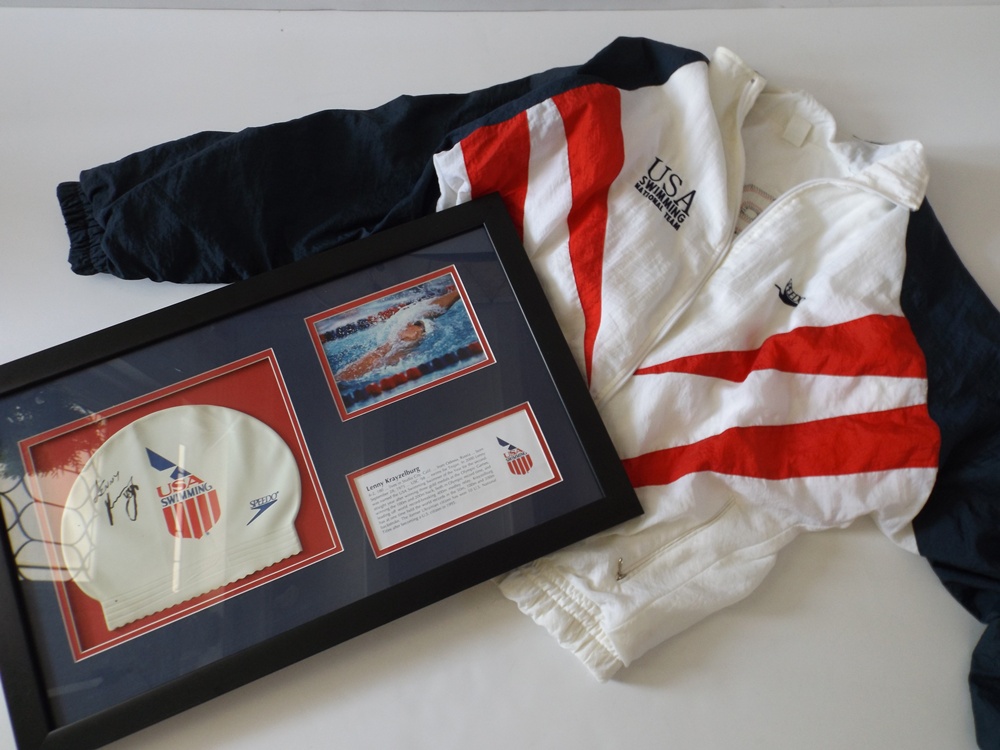 USA National Swim Team Jacket and Signed and Framed USA Swim Cap EBTH