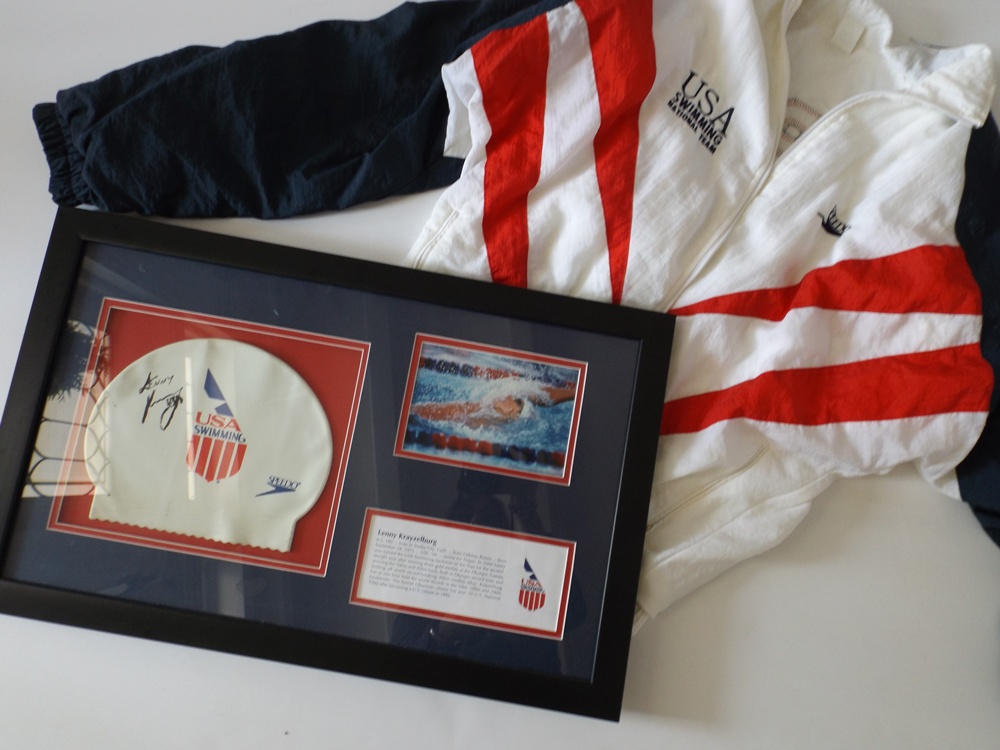 USA National Swim Team Jacket and Signed and Framed USA Swim Cap EBTH