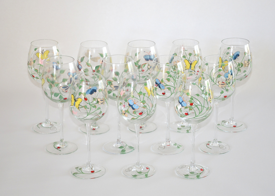 Set of Twelve Lenox "Butterfly Meadow" Hand Painted Wine Glasses EBTH