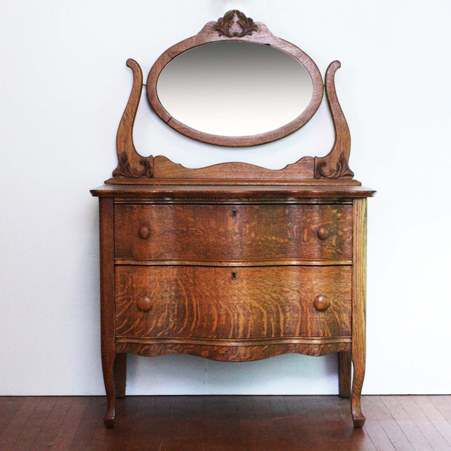 Antique Quarter Sawn Oak Dresser With Oval Mirror Ebth