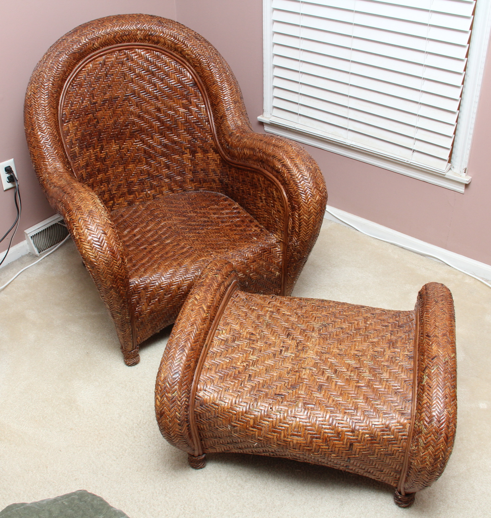Pottery Barn Rattan "Malabar" Chair and Ottoman EBTH