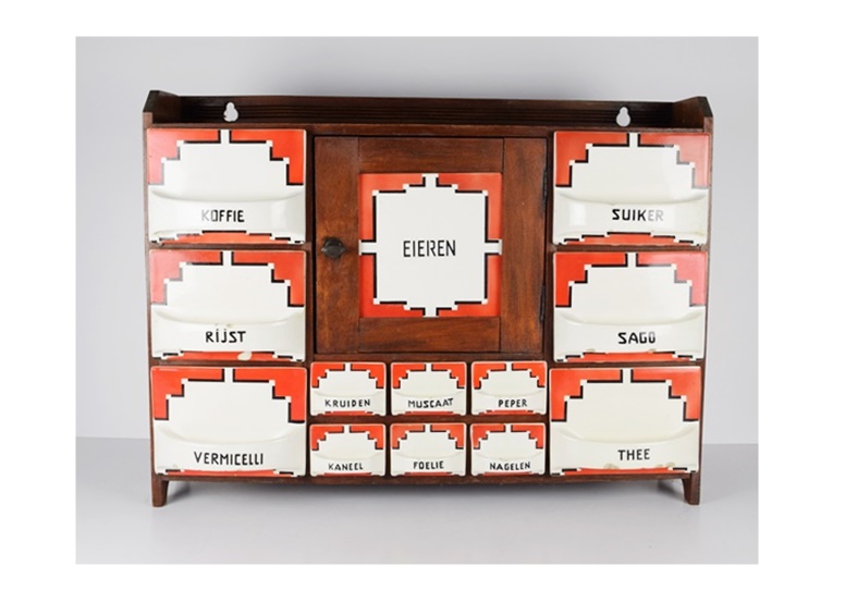 Antique Dutch Spice Cabinet With Labeled Ceramic Drawers Ebth