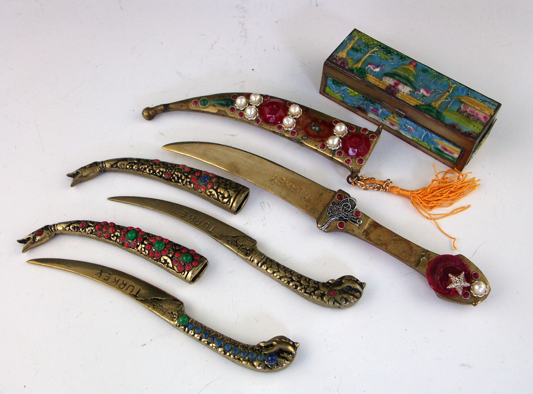 Turkish Brass Swords/Letter Openers, Vtg. Brass Box EBTH