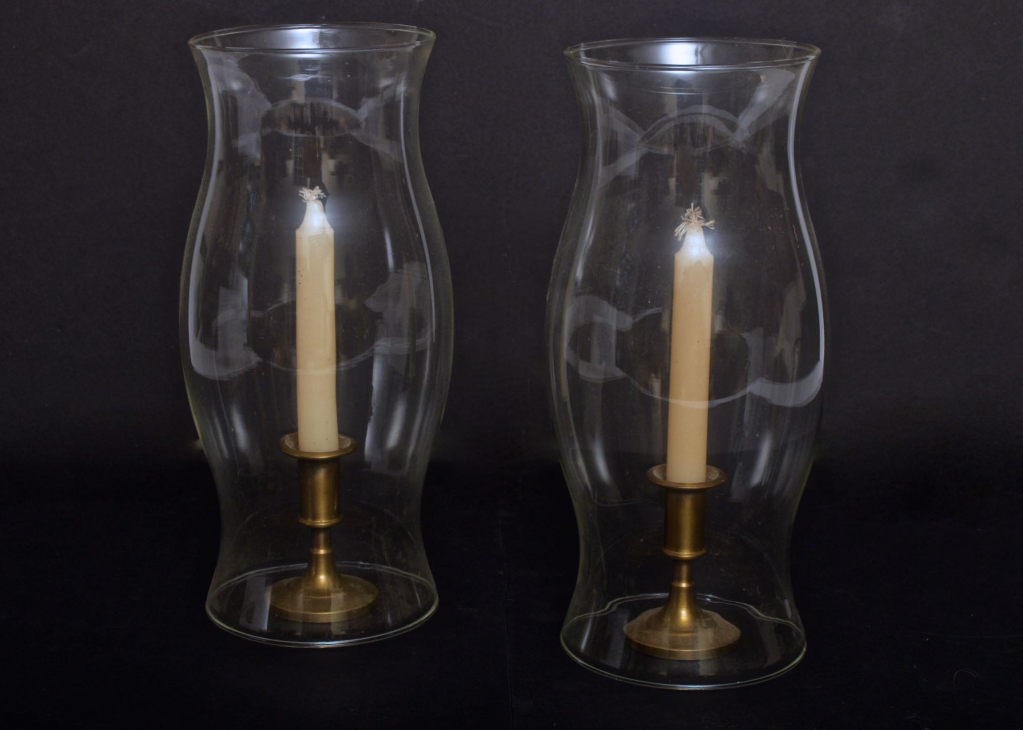 Pair of Brass Candlesticks with Glass Hurricanes EBTH