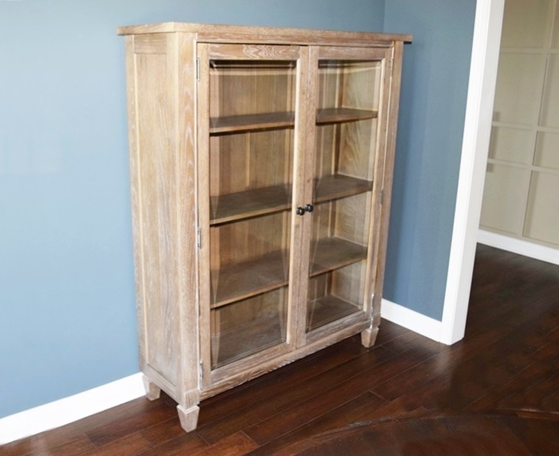 Wood Cabinet In Pickled Finish With Beveled Glass Doors Ebth