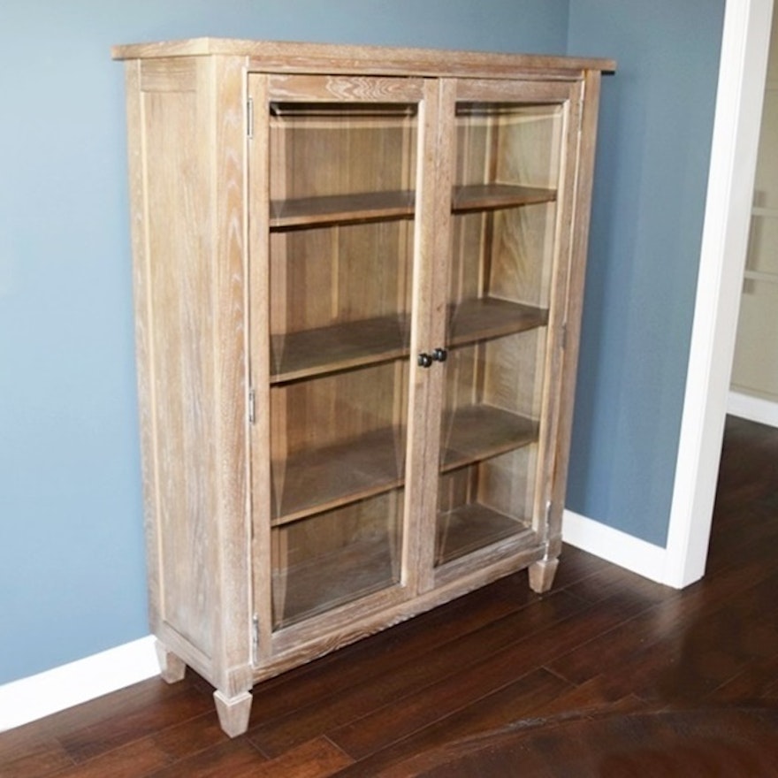 Wood Cabinet In Pickled Finish With Beveled Glass Doors Ebth