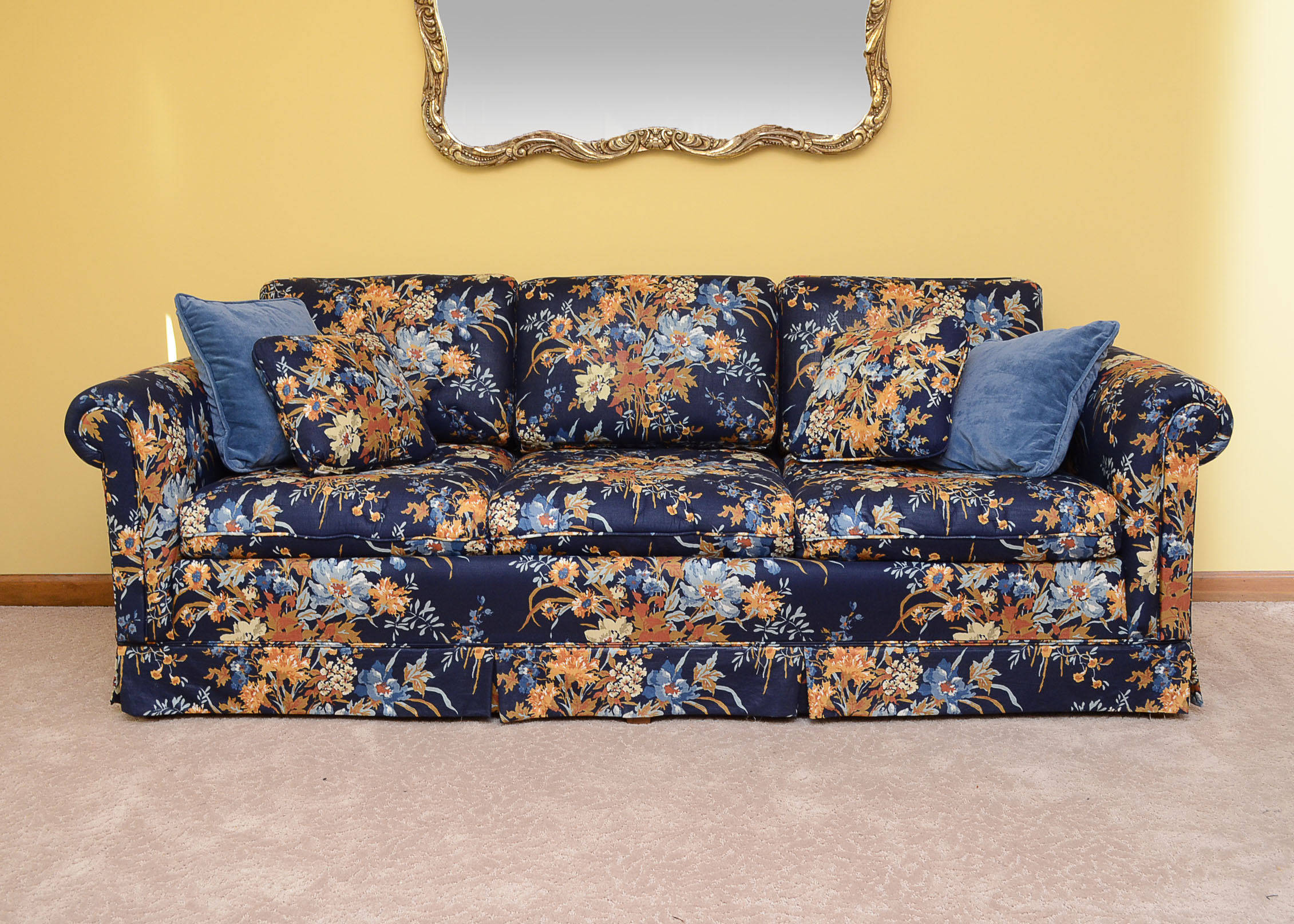 Deep Blue Floral Upholstered Sofa Ebth