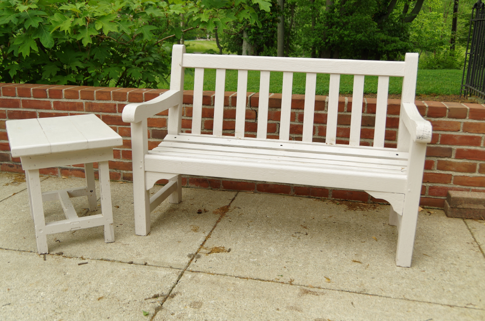 Wooden Patio Bench and Side Table with White Painted Finish EBTH