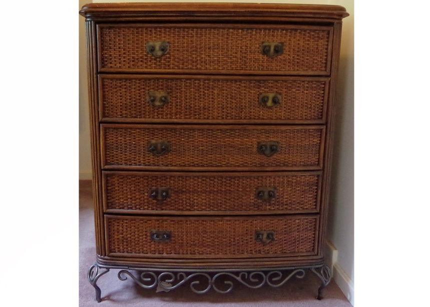 Wooden Chest Of Drawers With Wicker Fronts And Scrolled Iron Base