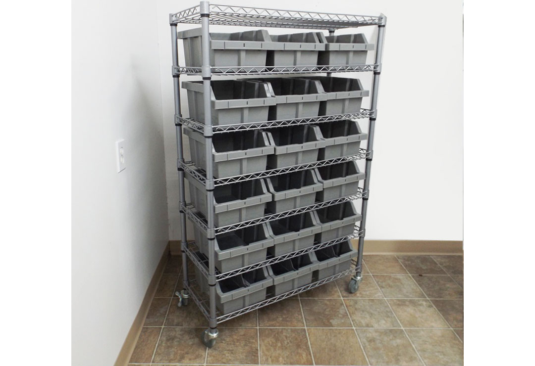 6Shelf 18Drawer Rolling Wire and Plastic Storage Bin Unit EBTH