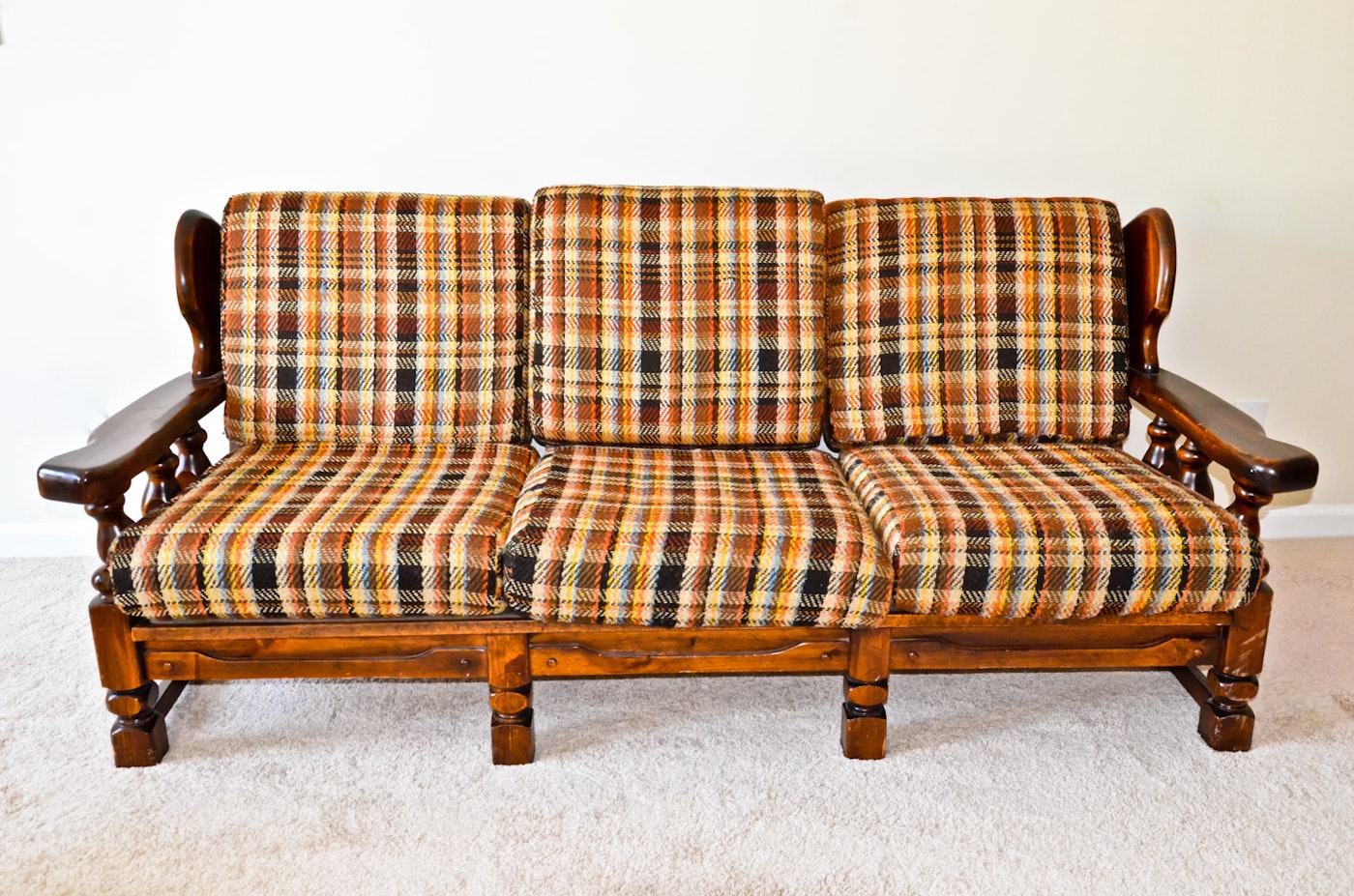 vintage 1970s tweed leather and wood sofa
