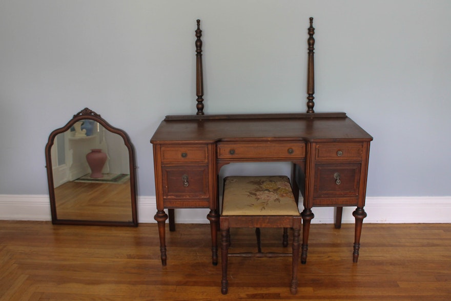 Antique English Wood Veneer Vanity with Mirror and Bench EBTH