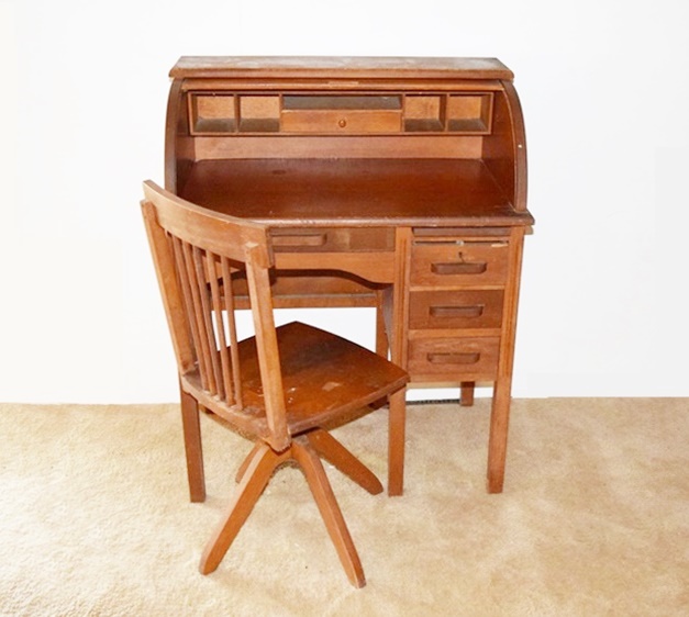 Antique Child S Roll Top Desk And Swiveling Desk Chair Ebth