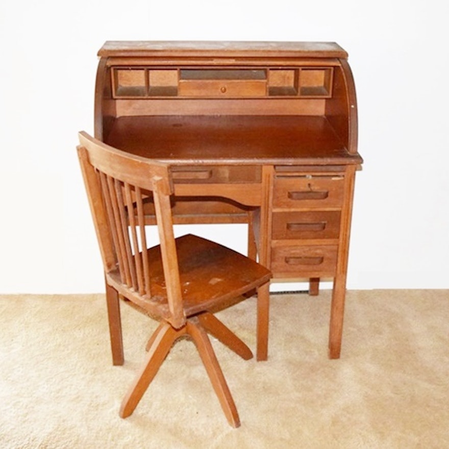 Antique Child S Roll Top Desk And Swiveling Desk Chair Ebth