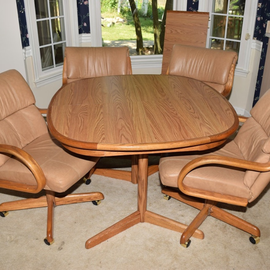 Oak Kitchen Table and Four Leather and Oak Swivel Chairs Oak Kitchen Table and Four Leather and Oak Swivel Chairs
