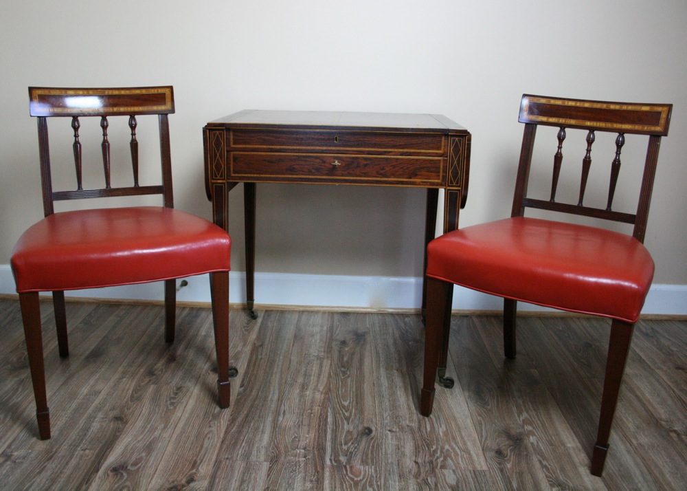 Antique Mahogany Game Table and Two Leather Upholstered Chairs EBTH