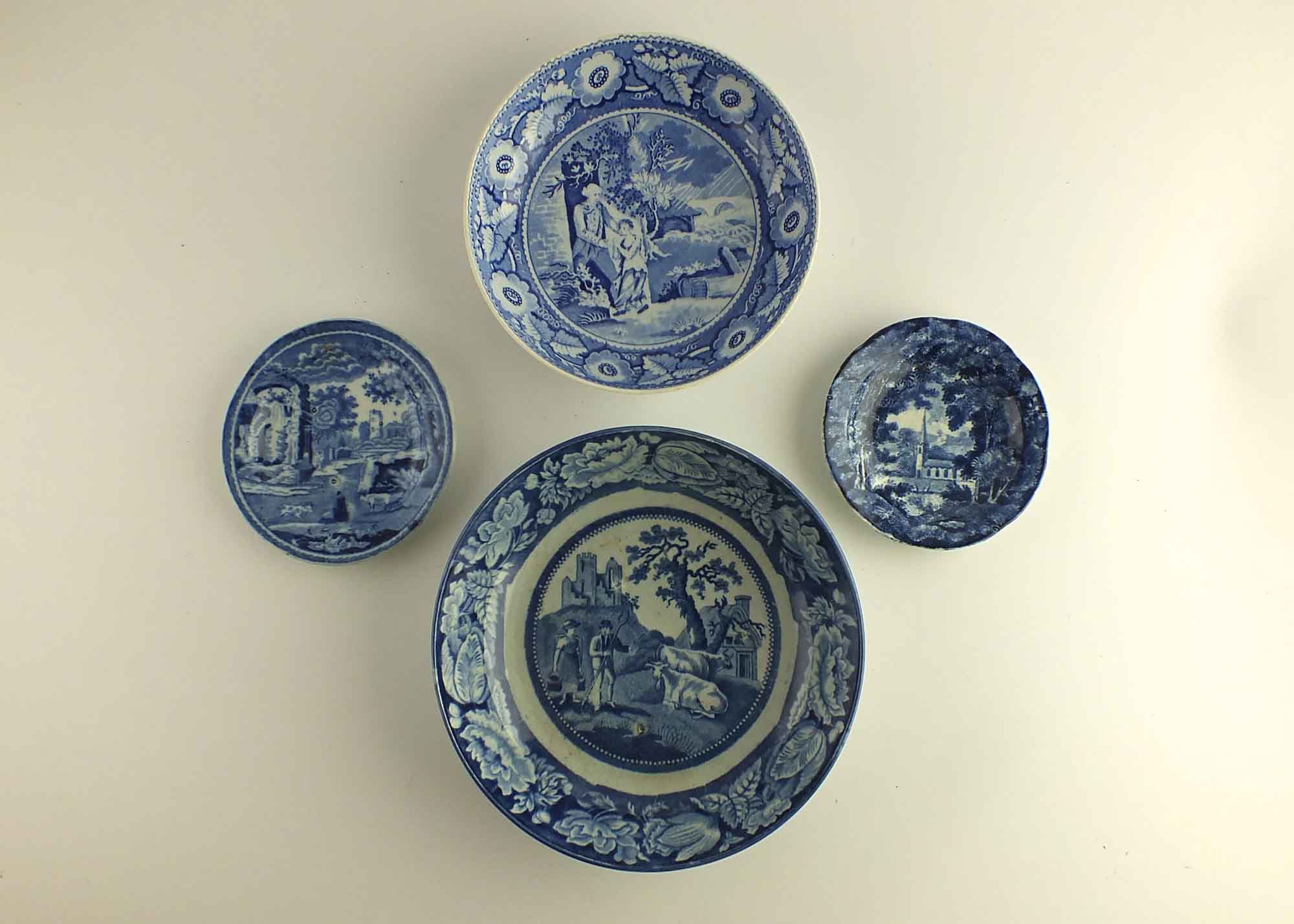 Four Antique Blue and White Printed Pottery Pieces EBTH