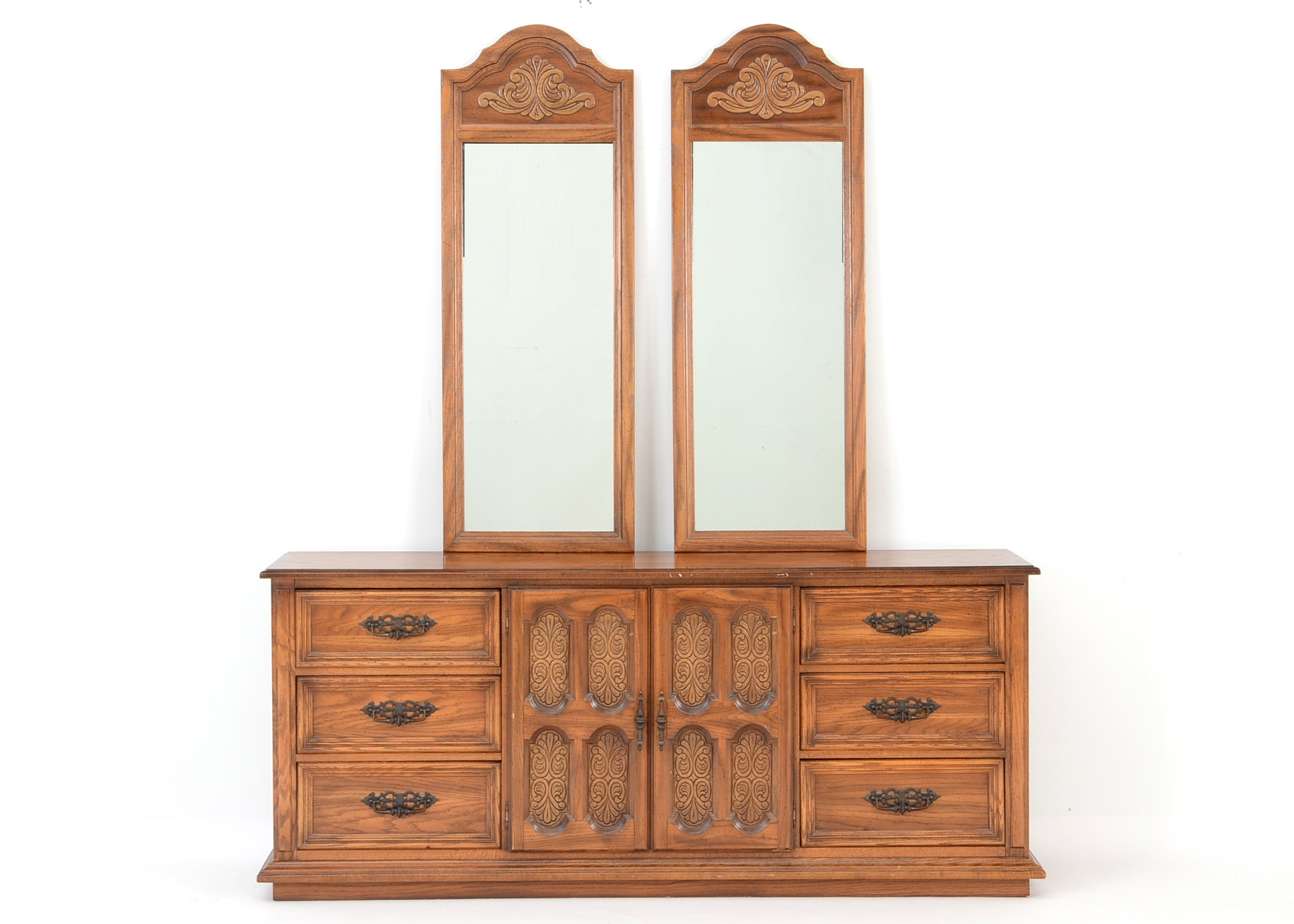 Circa 1970s Mediterranean Style Fruitwood Dresser And Mirrors Ebth