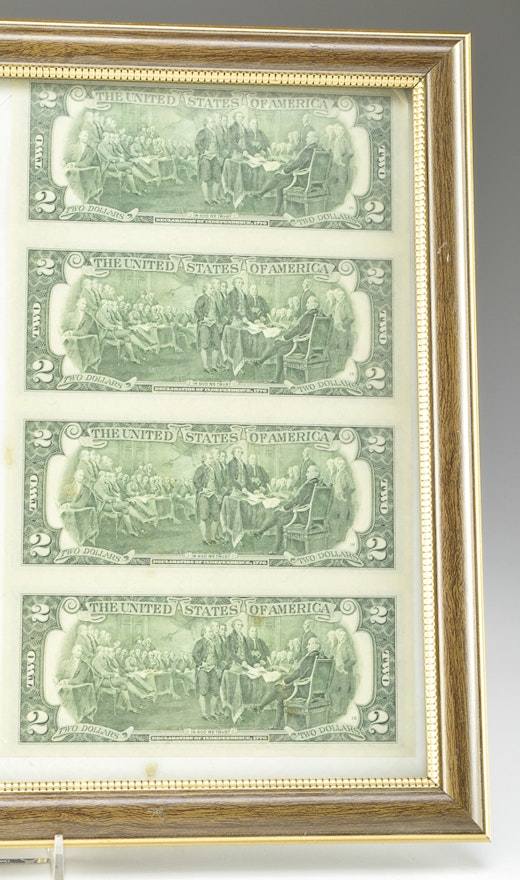 A Framed Uncut Two Dollar Bill Sheet EBTH