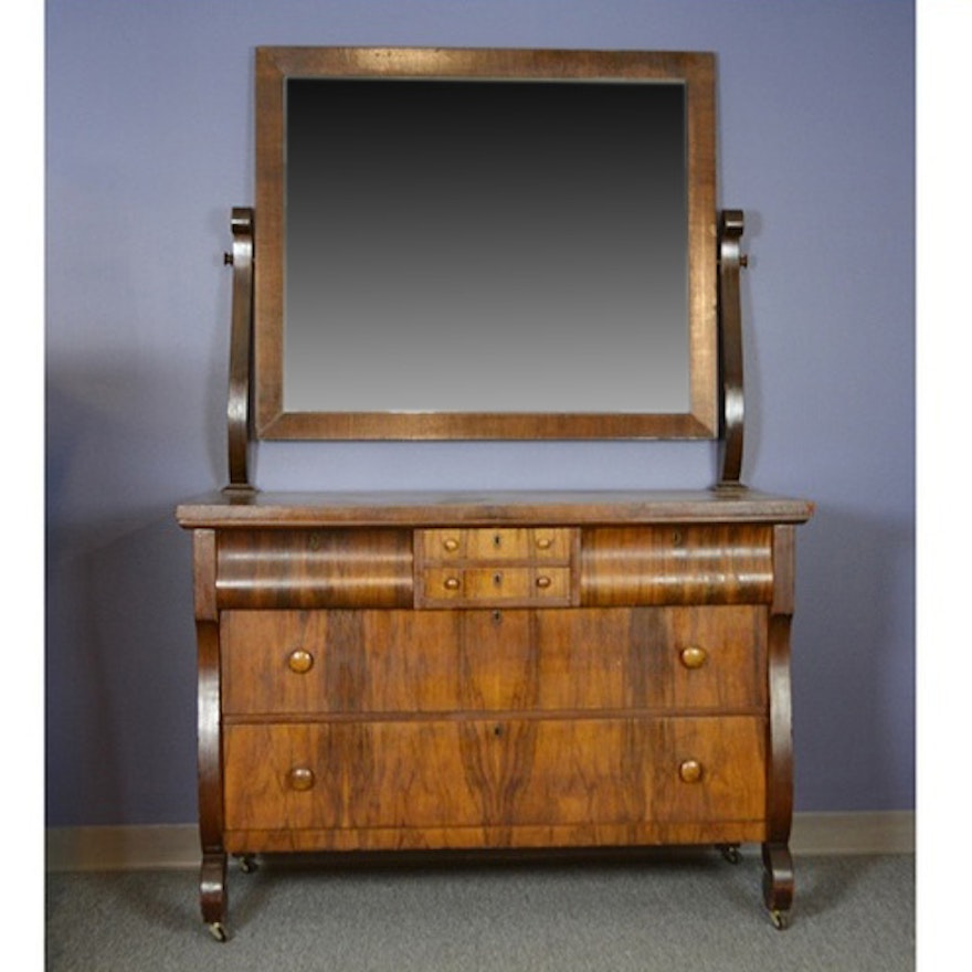 Antique Empire Style Walnut Dresser With Mirror Ebth