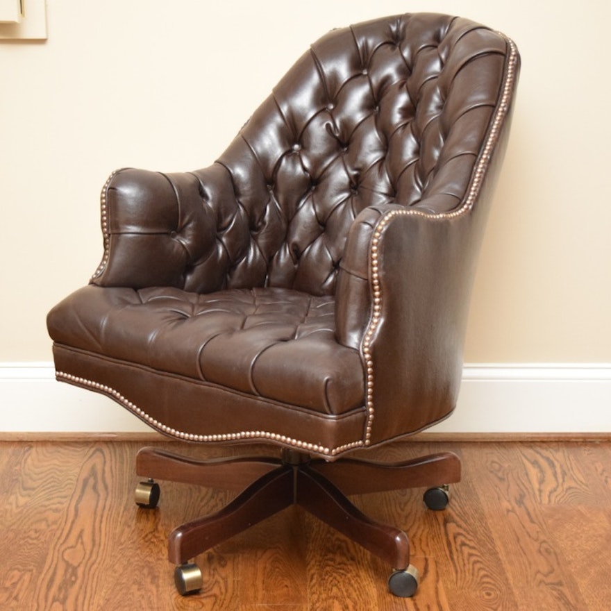 tufted leather office chair in mahogany brown ebth
