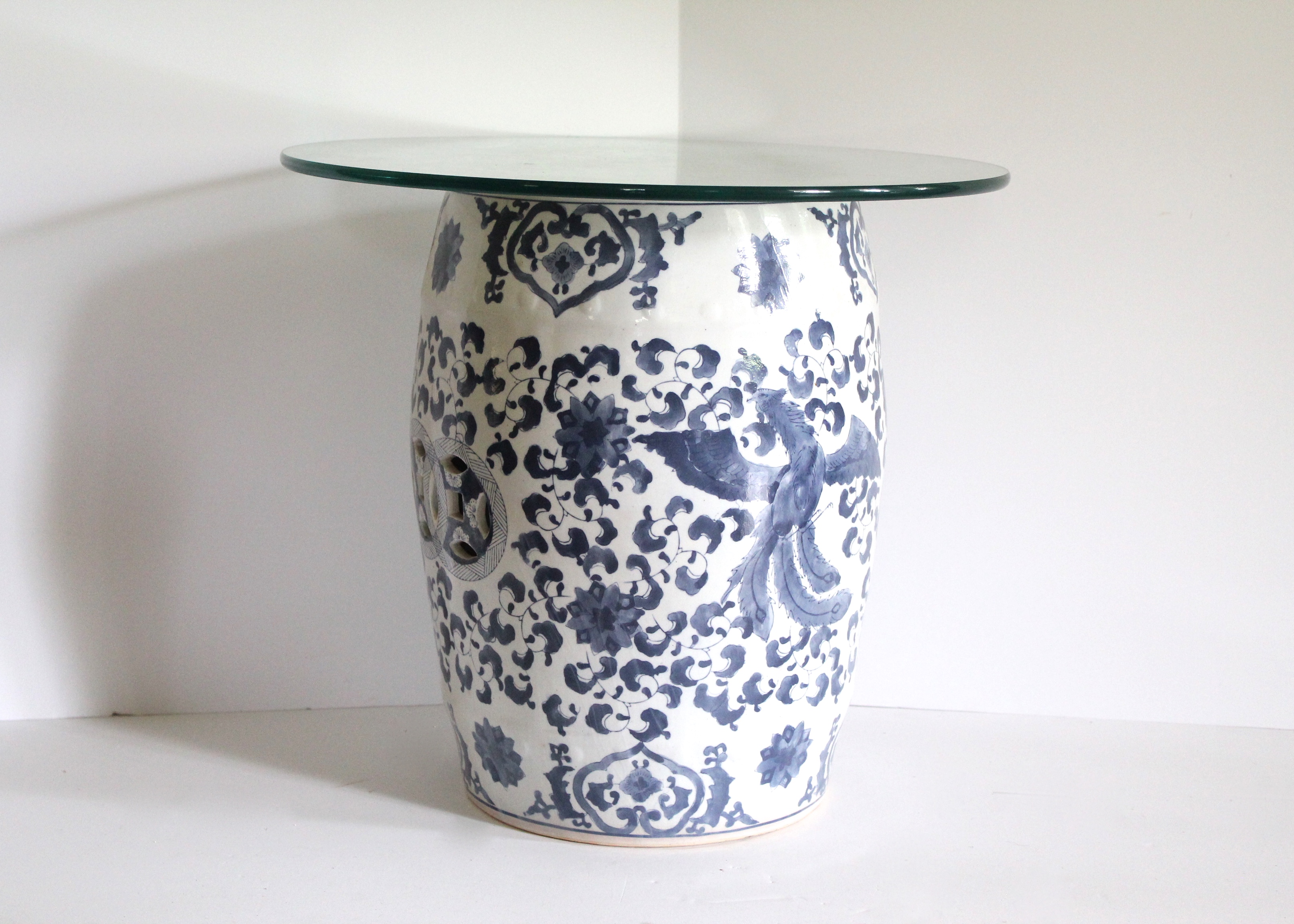 Blue And White Asian Style Side Table With Glass Top Ebth
