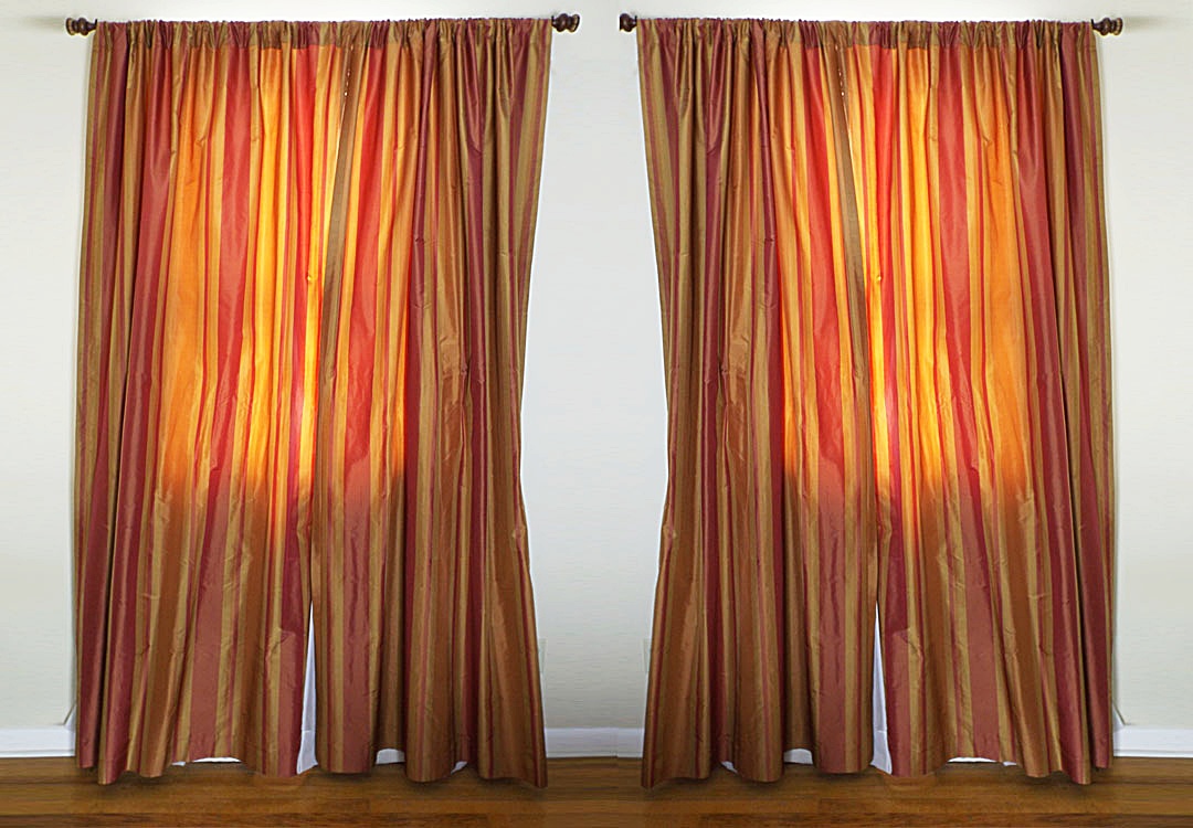 Three Pair Orange Striped Silk Curtains With Sheers And Hardware