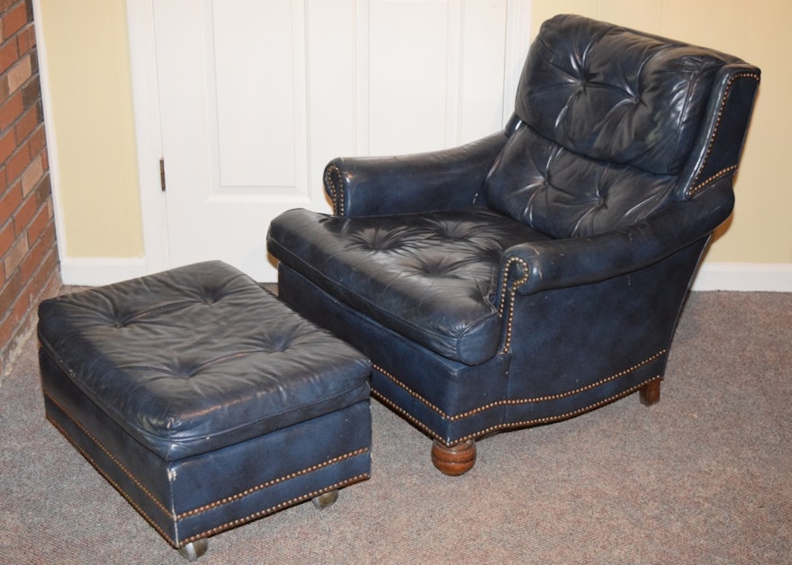 Blue Leather Upholstered Tufted Club Chair and Ottoman | EBTH