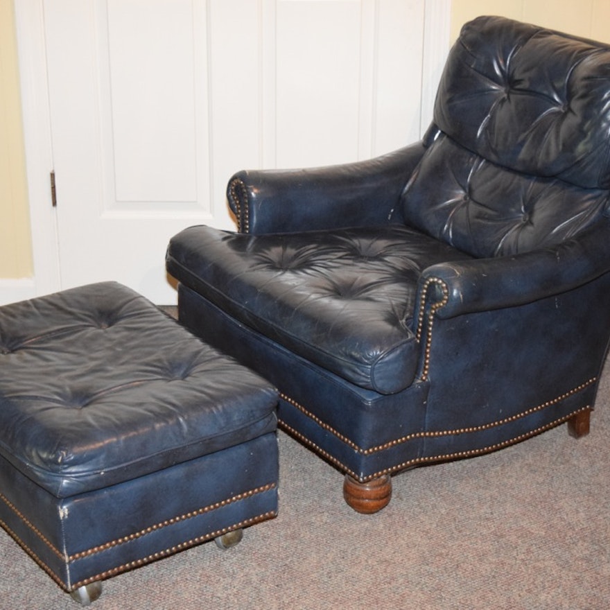 Blue Leather Upholstered Tufted Club Chair And Ottoman Ebth Blue Leather Upholstered Tufted Club Chair And Ottoman