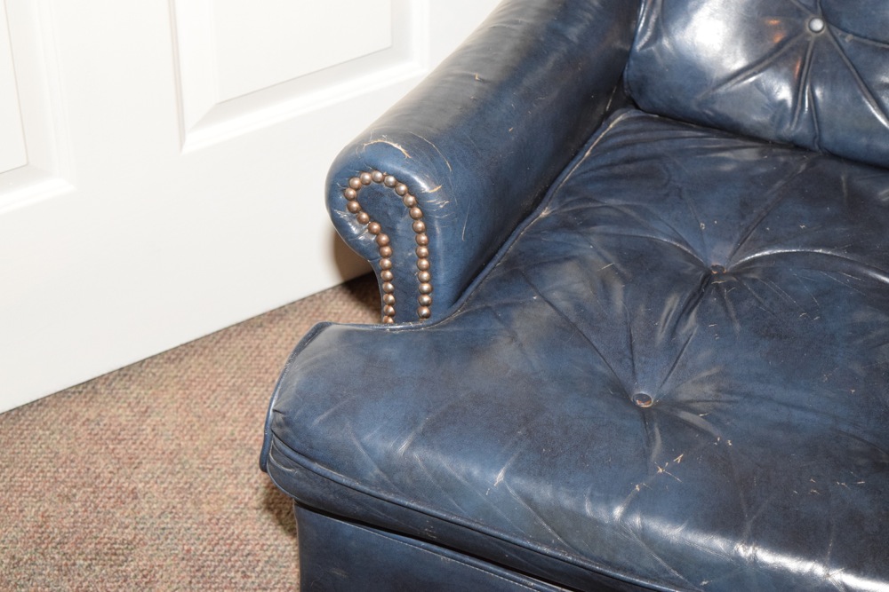 Blue Leather Upholstered Tufted Club Chair and Ottoman | EBTH