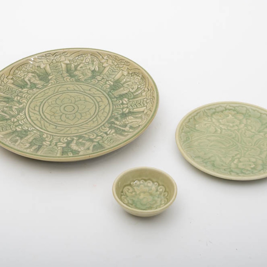Three Thai Celadon Dishes : EBTH Three Thai Celadon Dishes : EBTH